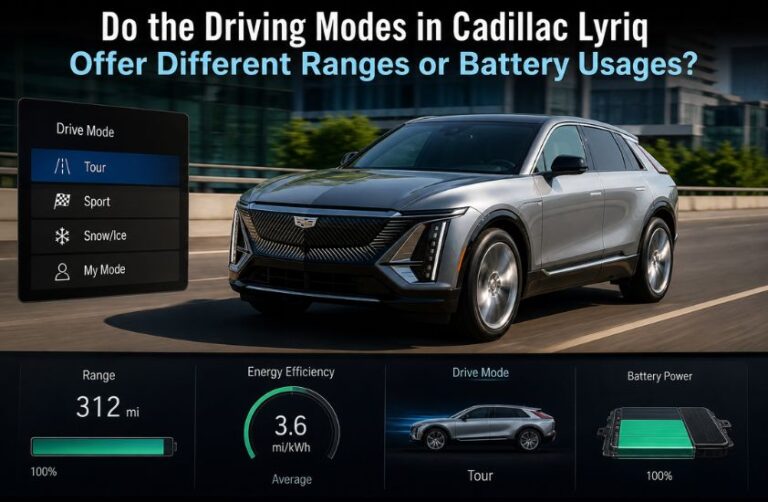 Do the driving modes in Cadillac Lyriq offer different ranges or battery usages